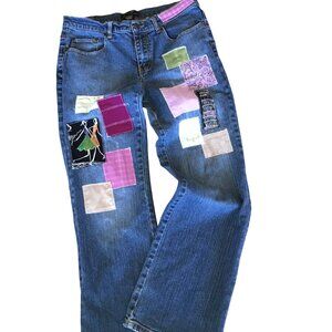 Boho Patch Jeans, 10P: Upcycled Hippie Pants, Paris Theme, Decorative Stitching